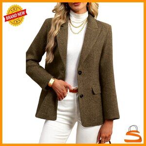 Wool Blend Tweed Blazer Oversized Fit Herringbone Business Casual Chic